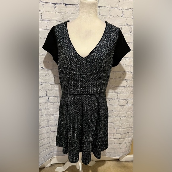 Banana Republic Black Blue White Tweed Fit Flare Dress Size 14 - Picture 1 of 8